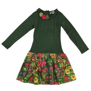 Sophie Catalou Green Dress Girls Sz 4 Rib Knit Floral Skirt